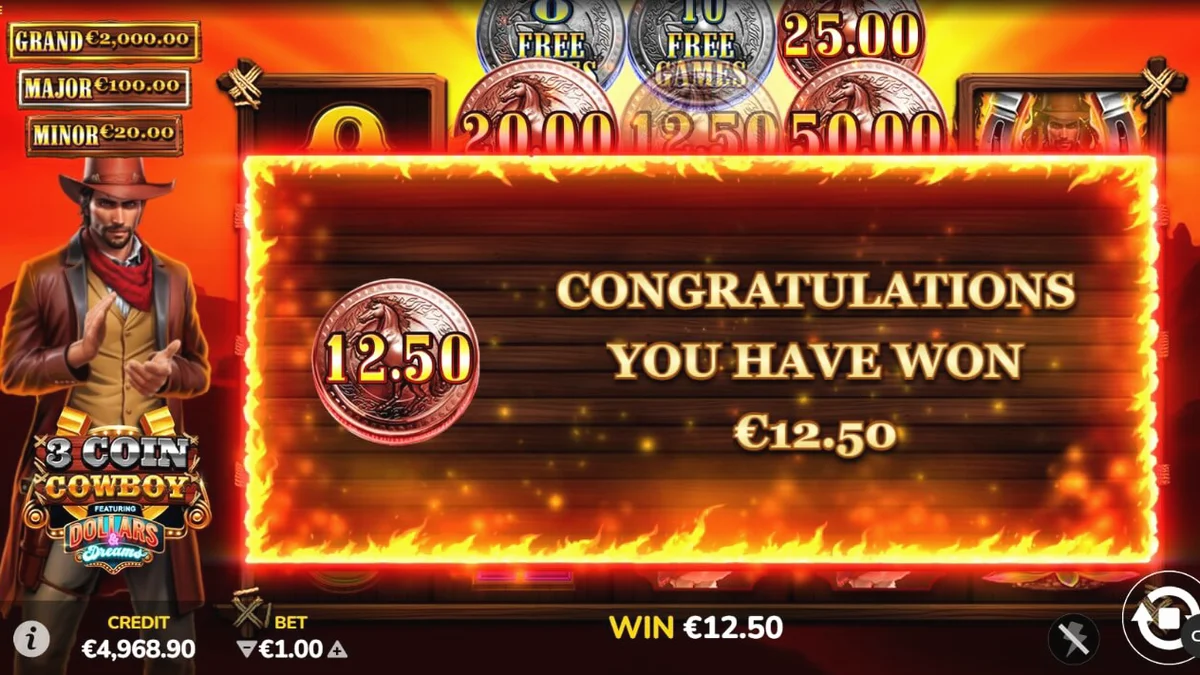 3 Coin Cowboy Dollars & Dreams slot game interface featuring Wild West symbols
